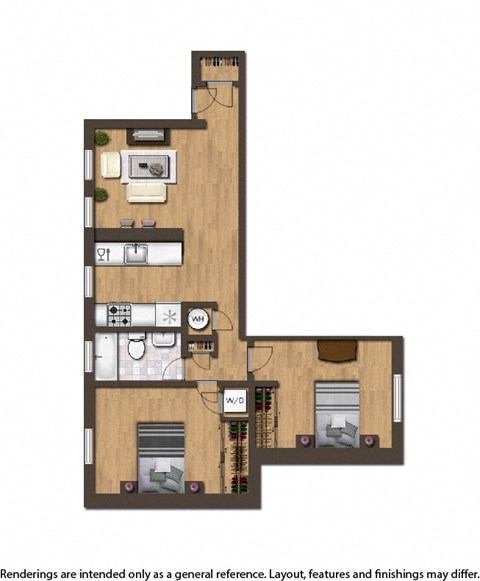 Floor plan for 2 beds, 1 bath, 694 sqft